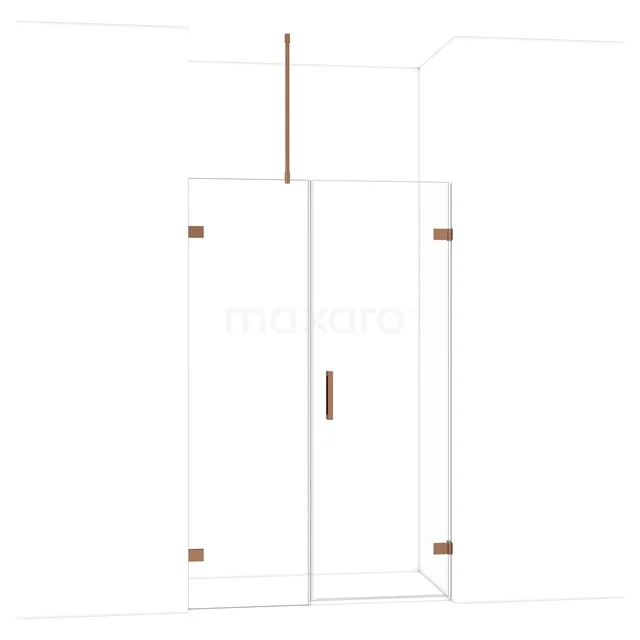 Glass shower wall with door, clear glass, gold-coloured details, modern appearance, ideal for a stylish bathroom.