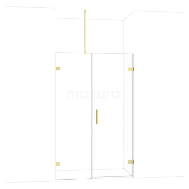 Douchewand met deur, helder glas, goudkleurige accenten, modern design, ideaal voor een stijlvolle badkamer.