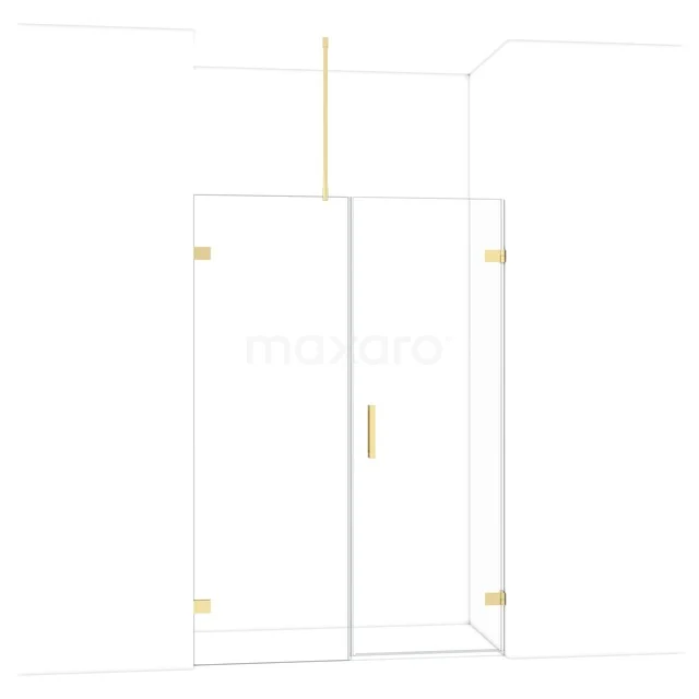 Goud-witte douchecabine met glazen deuren, messing accenten en stijlvolle minimalistische details voor een moderne badkamer.