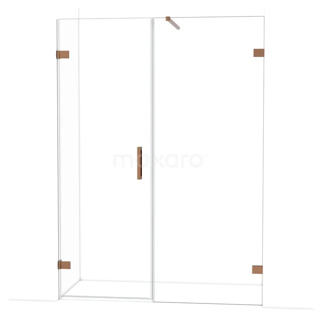 Glazen douchecabine met hoekinstap, transparant ontwerp en mat koperkleurige details, ideaal voor een moderne badkamer.