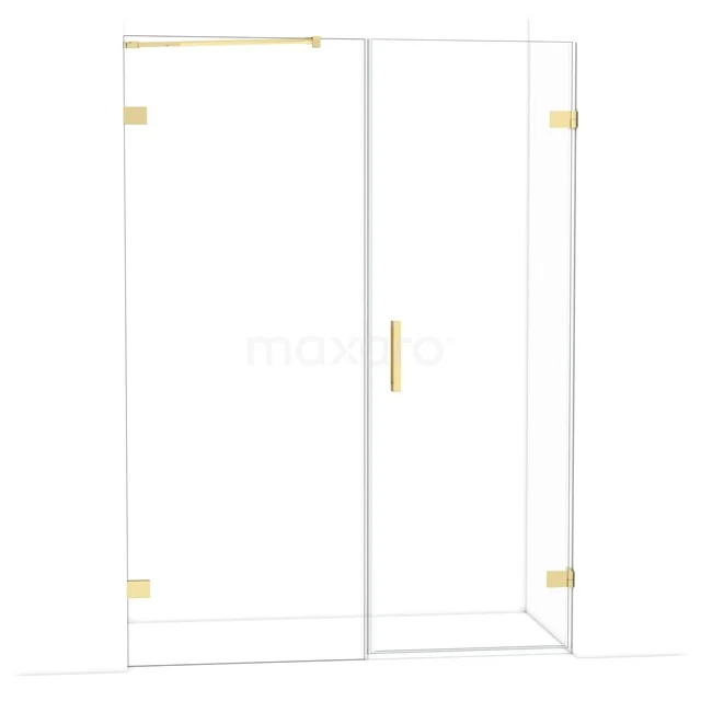 Glass shower wall with gold accents, minimalist design and sturdy construction, perfect for a luxury bathroom style.