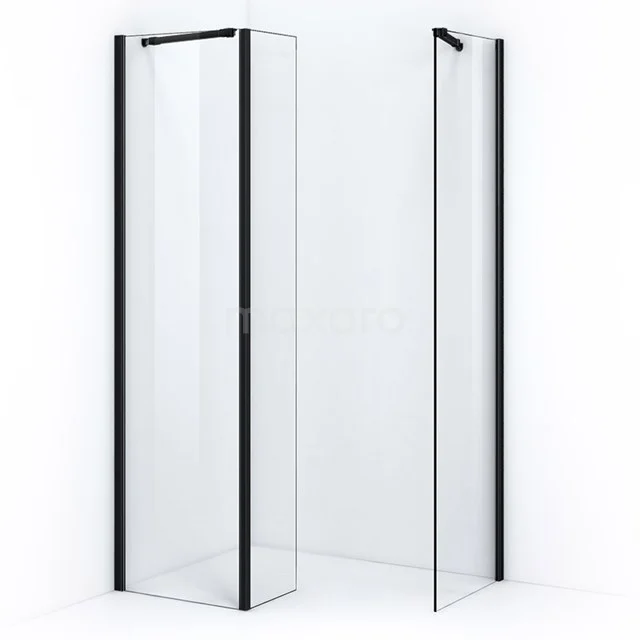 Glass shower screen with black profiles, modern design, perfect for a stylish bathroom shower set-up.