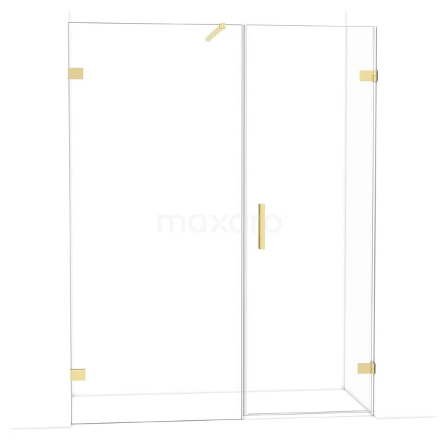 Douchewand van helder glas met goudkleurige scharnieren en handgreep, luxe design voor een moderne badkamer.