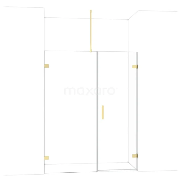 Glass shower door with gold-coloured hinges and handle, sleek design for modern bathroom style.