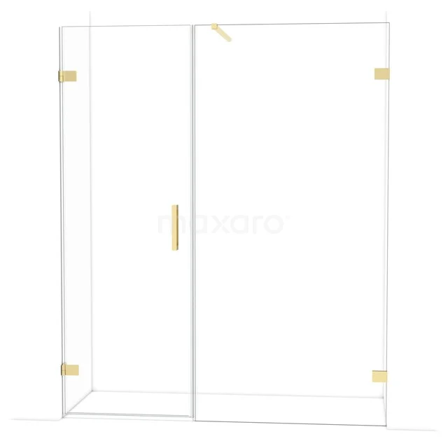 Glazen douchewand met gouden scharnieren en handgreep, modern design, perfect voor een luxe badkamerstijl.
