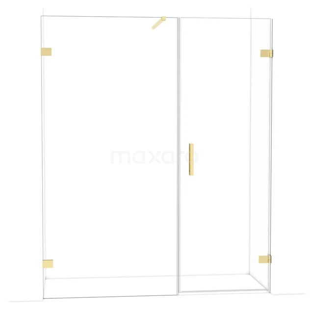 Glas Duschwand mit goldenen Scharnieren und Haltegriff, modernes Design, perfekt für einen luxuriösen Badezimmerstil.