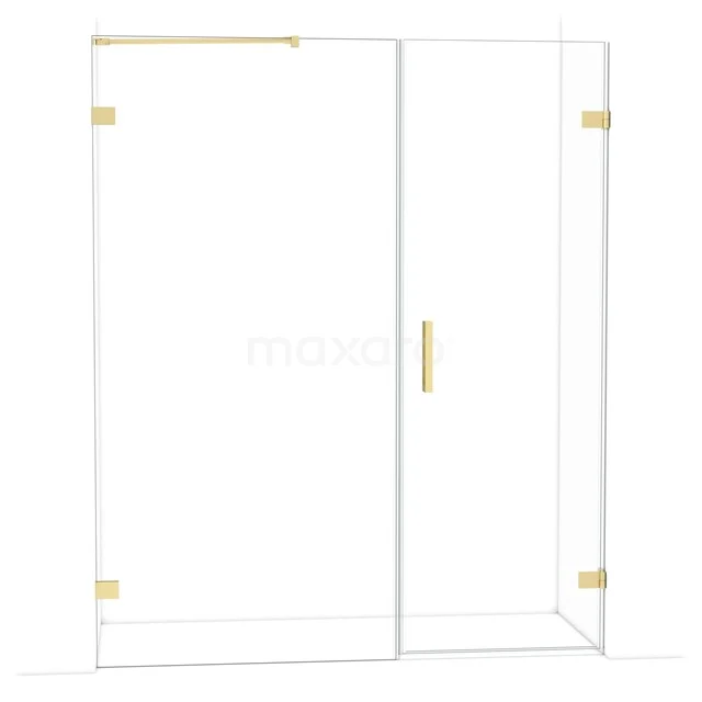 Glazen douchewand met goudkleurige accenten, strak design, perfect voor een moderne badkamer.