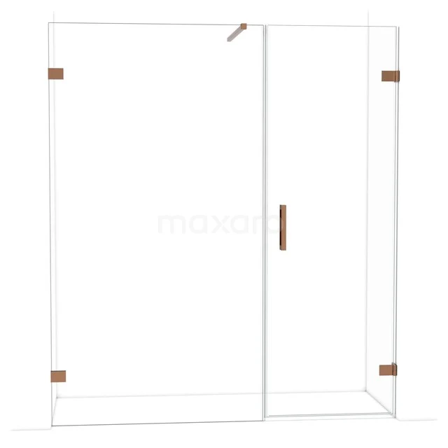 Glazen douchewand met koperen accenten, modern design, ideaal voor een stijlvolle badkamerinrichting.