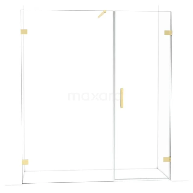 Glass shower wall with gold accents, corner model, sleek design, perfect for a modern bathroom.