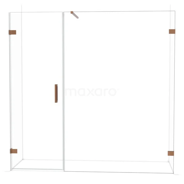 Douchewand met deur, transparant glas, mat zwarte randen, koperkleurige details, modern design, perfecte toevoeging aan de badkamer.