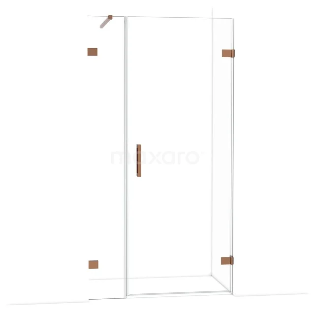 Glas Duschkabine mit kupferfarbenen Scharnieren und Haltegriff, modernes Design passend für ein stilvolles Badezimmer.