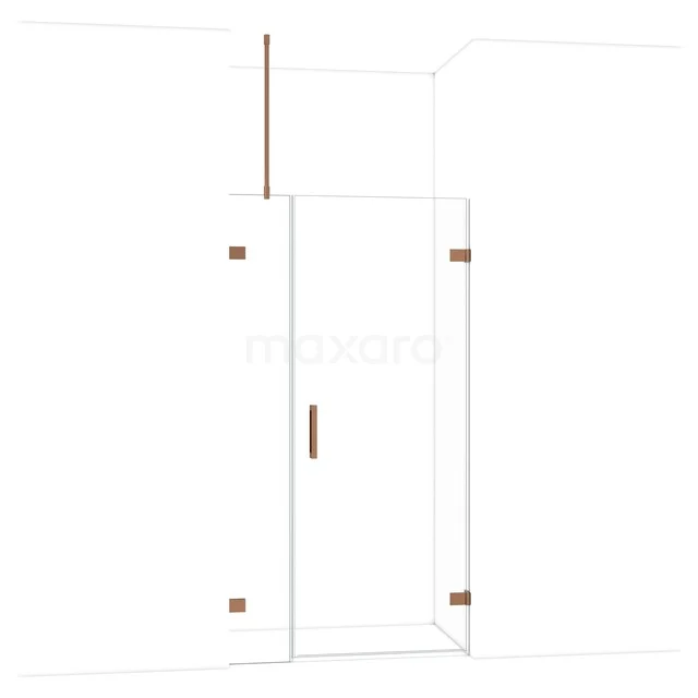 Glazen douchedeur met goudkleurige scharnieren, strak minimalistisch design, perfect voor moderne badkamers.