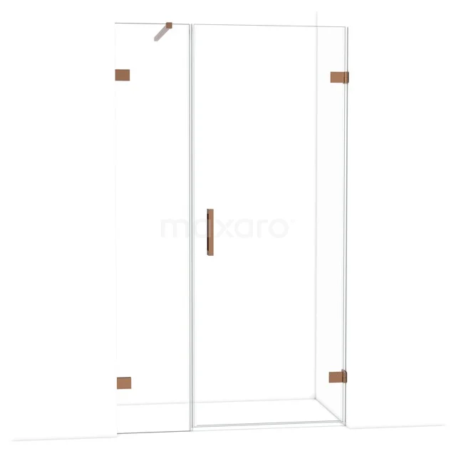 Glasene Eckdusche mit klaren Paneelen und kupferfarbenen Akzenten, ideal für einen modernen Badezimmerstil.