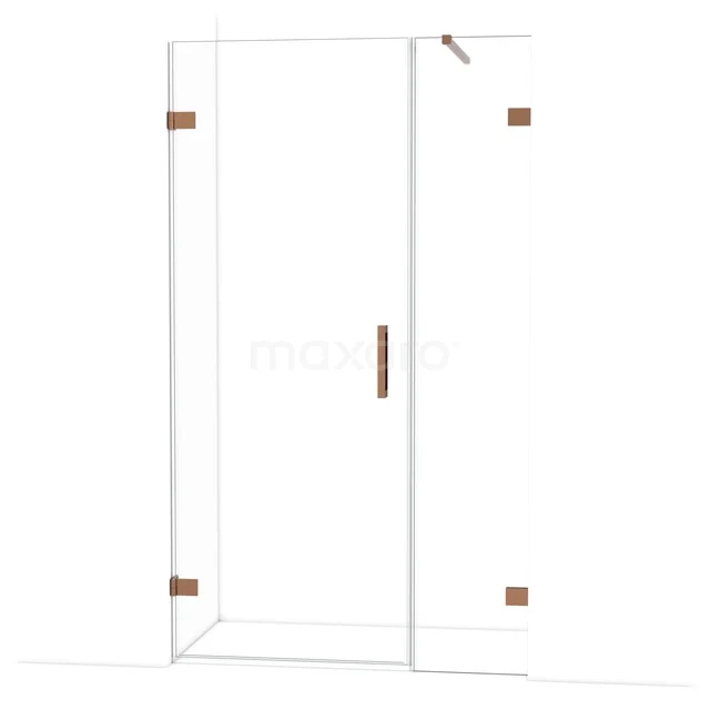 Glazen hoekdouche met heldere panelen en koperkleurige accenten, ideaal voor een moderne badkamerstijl.