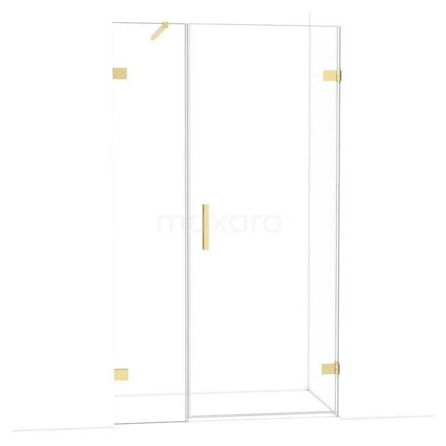 Glazen douchecabine met gouden accenten, minimalistisch design, ideaal voor een moderne badkamer inrichting.