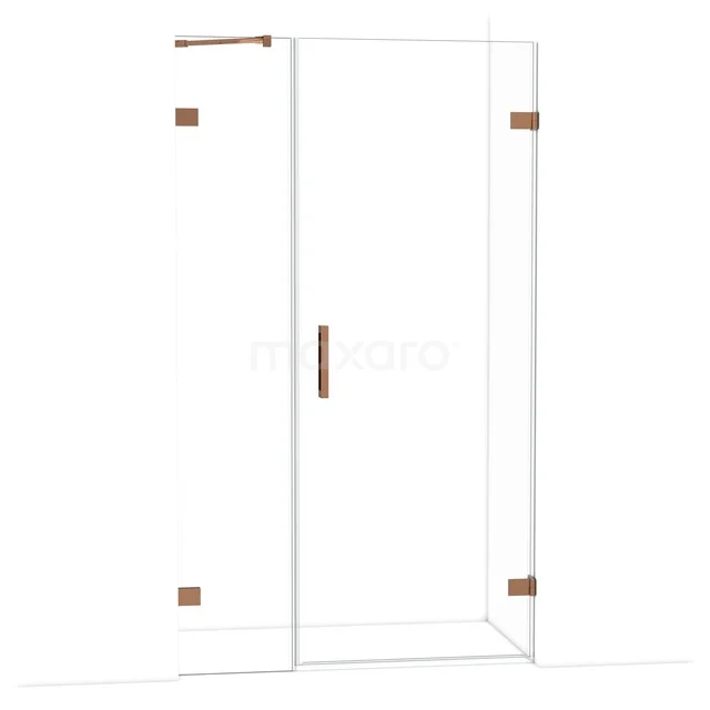 Glazen douchecabine met koperen accenten, strakke lijnen en minimalistisch design, ideaal voor een moderne badkamer.