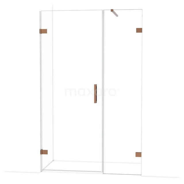 Douchedeur van helder glas met stijlvolle bronzen scharnieren, ideaal voor een moderne badkamer.