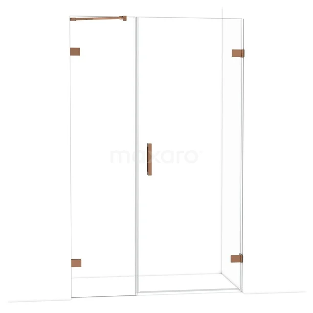 Glazen douchecabine met bronzen accenten, hoekmodel met draaideur, perfect voor moderne badkamers.