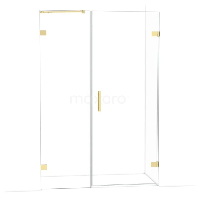 Glasdouchedeur mit goldfarbenen Scharnieren und Haltegriff, modernes Design für luxuriöse Badezimmerinterieurs.