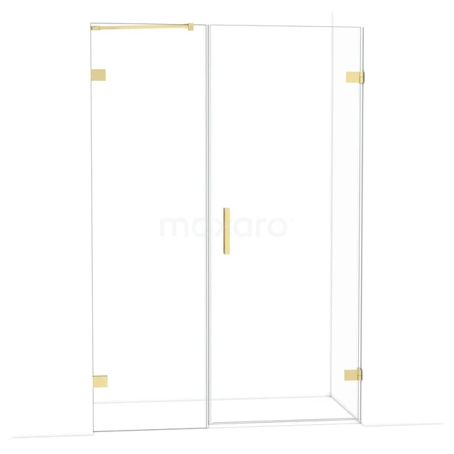 Glazen douchedeur met gouden scharnieren en handgreep, modern design, perfect voor een elegante badkamerinrichting.