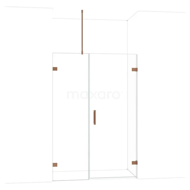 Heldere douchedeur met roségouden scharnieren, modern design in glas, ideaal voor een stijlvolle badkamerinrichting.