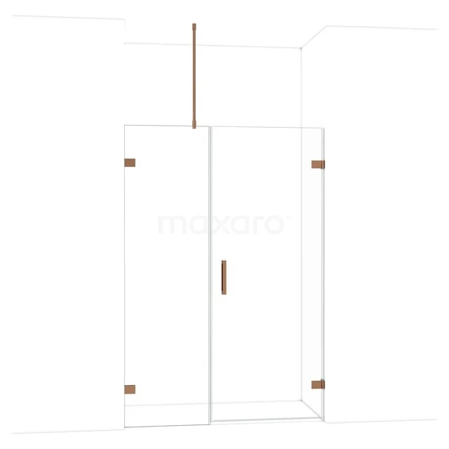 Heldere douchedeur met roségouden scharnieren, modern design in glas, ideaal voor een stijlvolle badkamerinrichting.