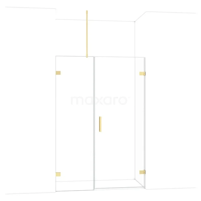 Glass shower door with gold hinges and handle, a modern and stylish addition to the bathroom.
