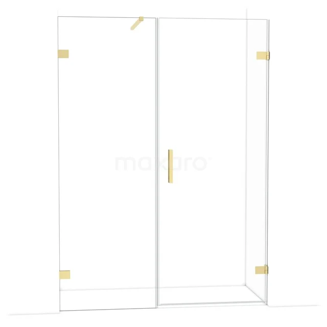 Glazen douchewand met matgouden accenten, hoekmodel, strak design, ideaal voor een luxe badkamer.
