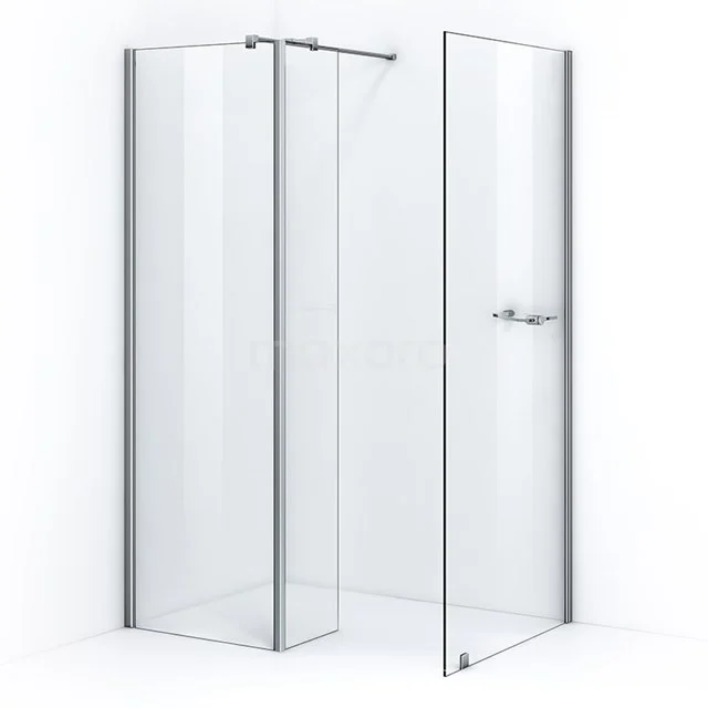 Glass shower enclosure with corner entry, sleek aluminium profiles and clear glass, ideal for a modern bathroom.