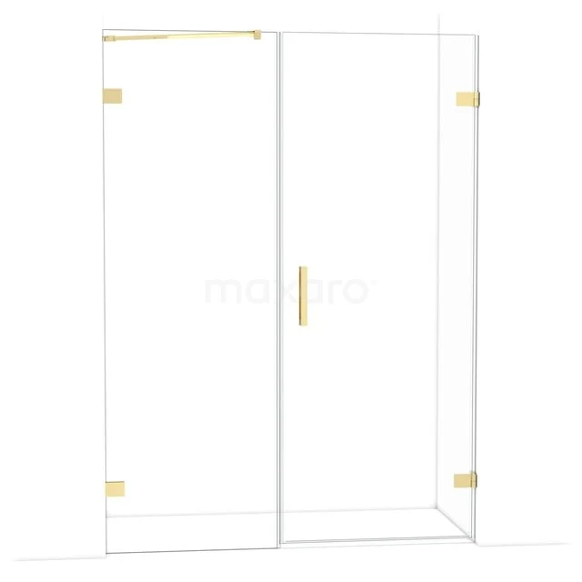 Glass shower wall with gold-coloured hinges and handle, modern design suitable for a stylish bathroom decor.