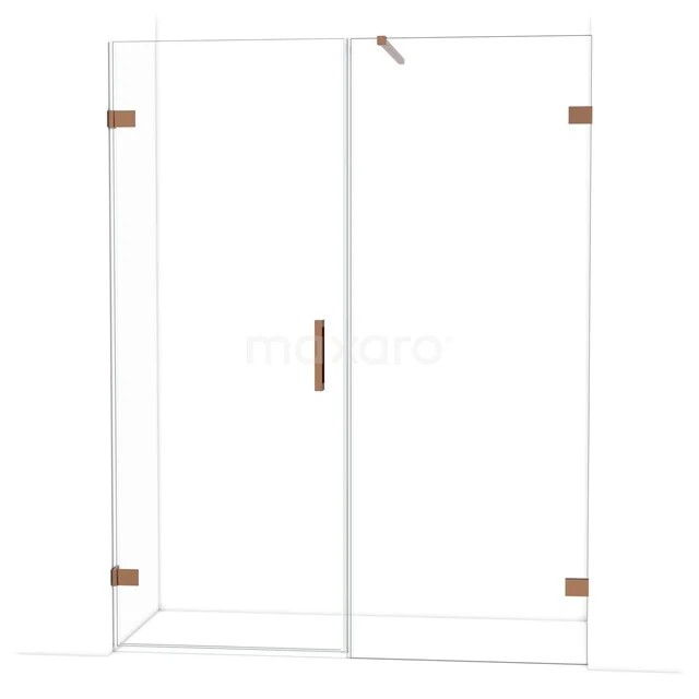 Glazen douchewand met scharnieren in roségoud, inclusief metalen handgreep, ideaal voor een moderne badkamer.