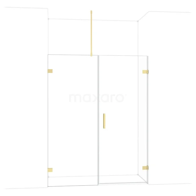 Douchedeur met gouden scharnieren en handgreep, helder glas, modern ontwerp, perfect voor een stijlvolle badkamer.