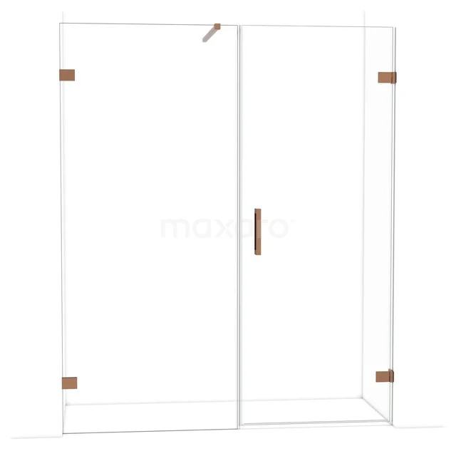 Glas Duschwand mit kupferfarbenen Scharnieren und Haltegriff, modernes Design für stilvolle Badezimmergestaltung.