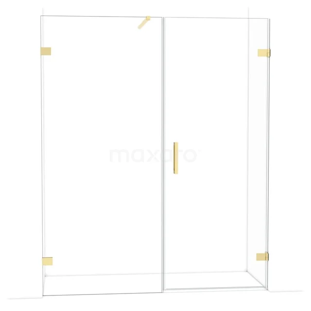 Duschwand mit Goldakzenten, rahmenloses Design aus gehärtetem Glas, ideal für eine moderne Badezimmergestaltung.