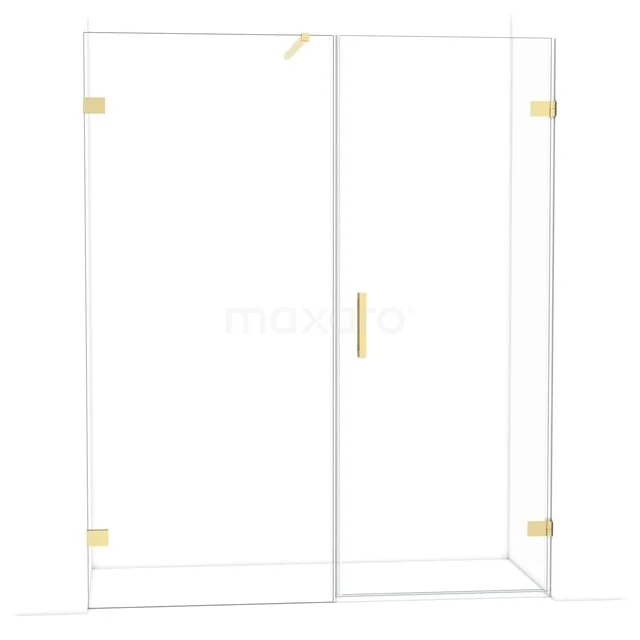 Douchewand met gouden accenten, frameloos design van gehard glas, ideaal voor een moderne badkamerinrichting.