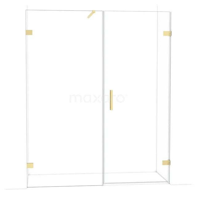 Glazen douchewand met goudkleurige scharnieren, strak design en schuifdeur, ideaal voor een moderne badkamerinrichting.