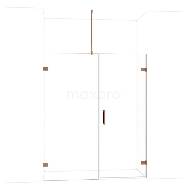 Glazen douchewand met deur, roségouden accenten, hoekontwerp, ideaal voor moderne badkamers.