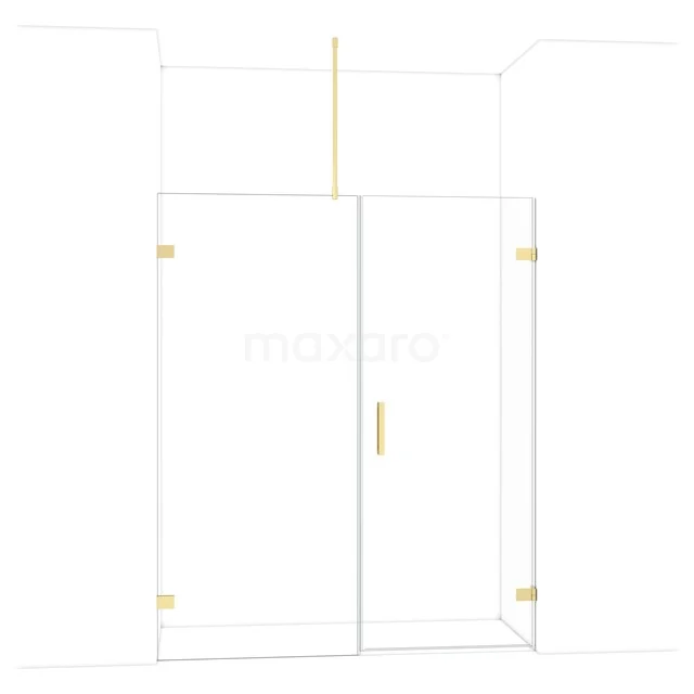 Glasene Duschkabine mit goldfarbenen Akzenten, Eckmodell, minimalistisches Design; ideal für ein stilvolles Badezimmer.