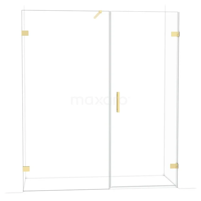 Glass shower wall with gold accents, sleek corner arrangement, ideal for a modern bathroom design.