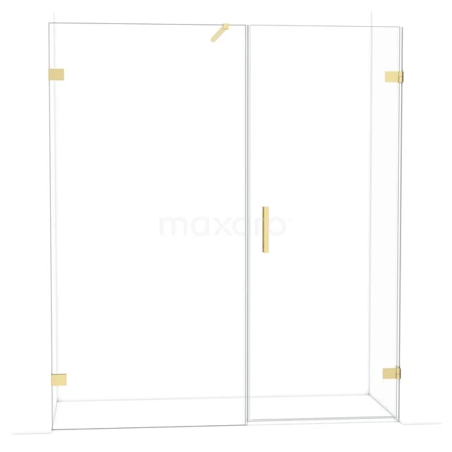 Duschwand mit goldfarbenen Akzenten, Klarglas und schickem Design, ideal für eine moderne Badezimmer Einrichtung.