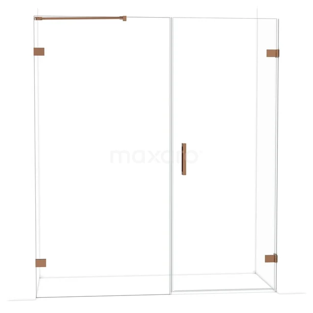 Douchewand met helder glas, koperkleurige accenten en aluminium frame, ideaal voor een moderne badkamerstijl.