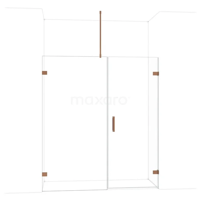 Douchewand met deur, helder glas en bronzen scharnieren, eigentijds design, ideaal voor een moderne badkamer.