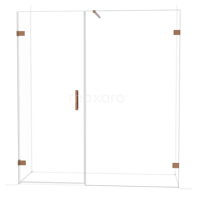 Douchewand met helderglas, hoekmodel, goudkleurige accenten, moderne uitstraling voor een stijlvolle badkamer.