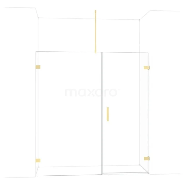 Goudkleurige glazen douchewand met deur, minimalistisch design, perfect voor een moderne badkamer.