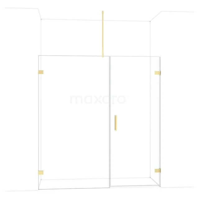 Goudkleurige glazen douchewand met deur, minimalistisch design, perfect voor een moderne badkamer.