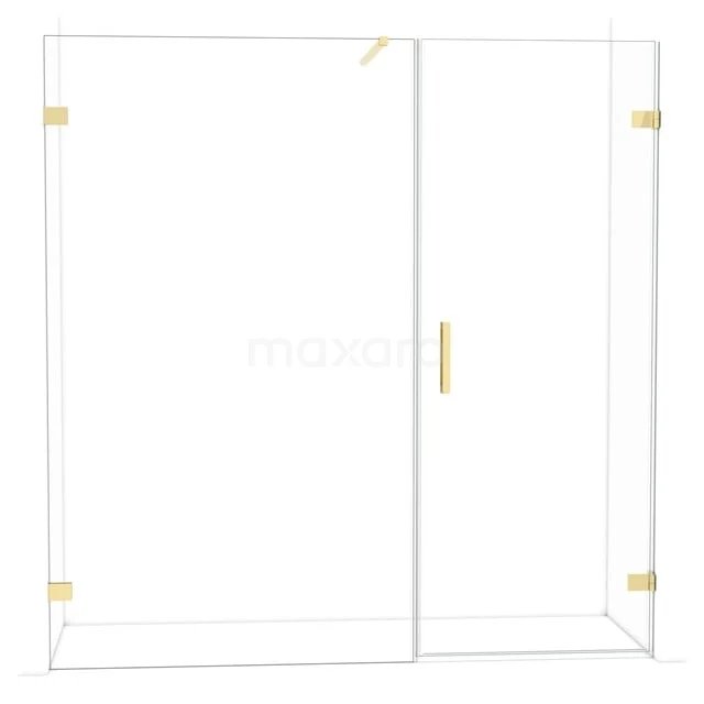 Glazen douchewand met gouden accenten, strak design en duurzaam materiaal, perfect voor een moderne badkamerstijl.