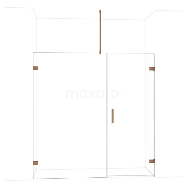 Glazen douchewand met deur, strak design, messing details, ideaal voor een moderne badkamer.