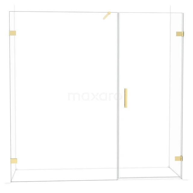 Gouden douchewand van helder glas met minimalistisch design, perfect voor een moderne badkamer.