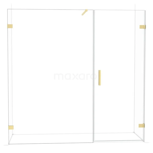 Minimalistische Duschwand aus Glas mit goldenen Akzenten, geeignet für moderne Bäder. Rechte Linien und stilvolle Ausstrahlung.