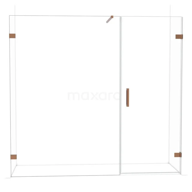 Glazen douchewand met deur, helder glas en goudkleurige accenten, modern design, ideaal als luxe badkamerafscheiding.